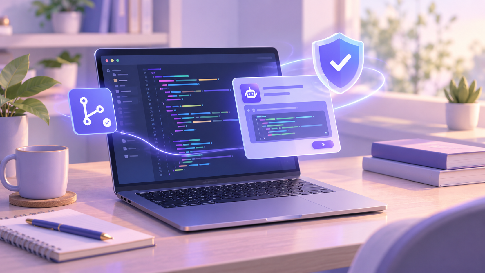 A robotic hand arranging glowing code blocks on a laptop screen. A robotic hand arranging glowing code blocks on a laptop screen.