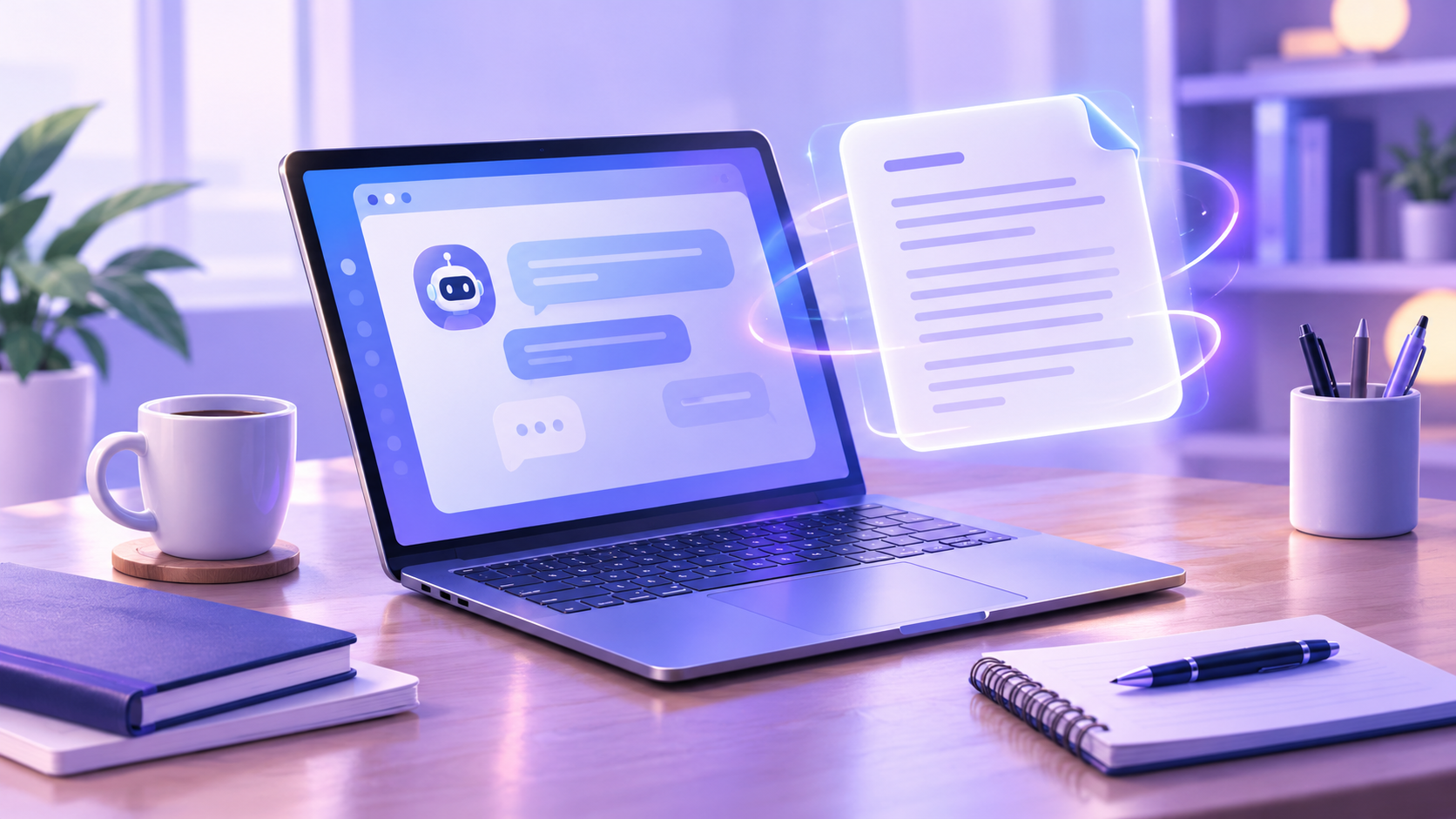 A laptop on a writing desk showing an abstract AI chat interface with a floating document.