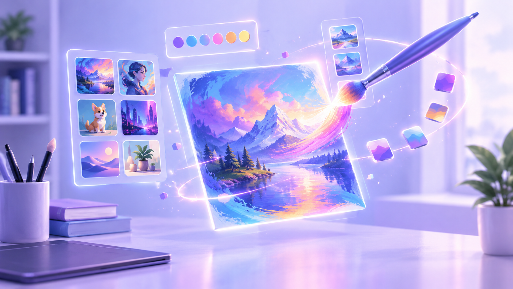 A glowing paintbrush creating a floating digital artwork surrounded by color swatches. A glowing paintbrush creating a floating digital artwork surrounded by color swatches.