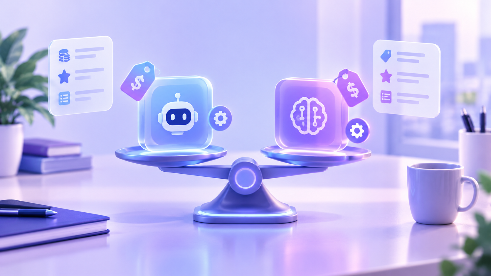 Two AI app tiles being weighed on a glowing balance scale.