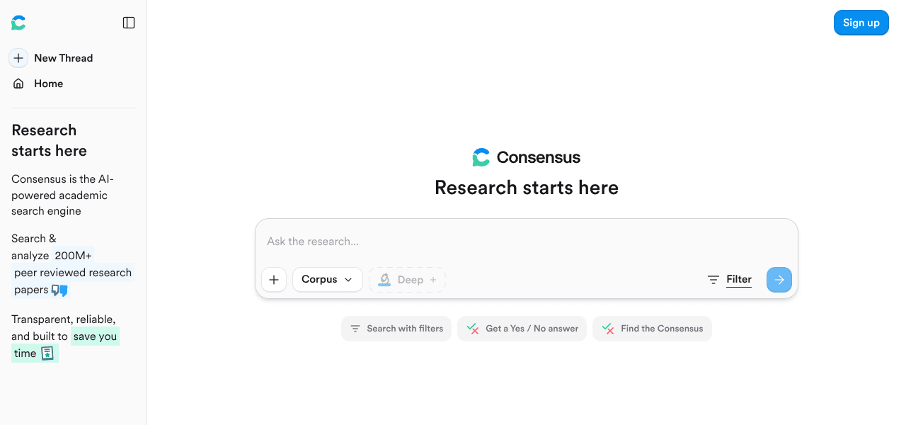 Consensus AI research tool interface screenshot Consensus AI research tool interface screenshot